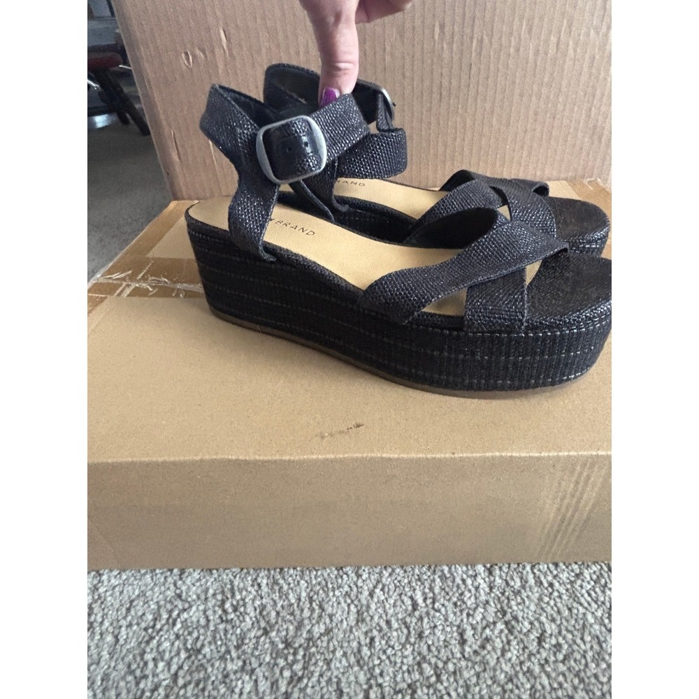 Lucky Brand Womens Black Textured Platform Wedge Sandals Ankle Strap Buckle